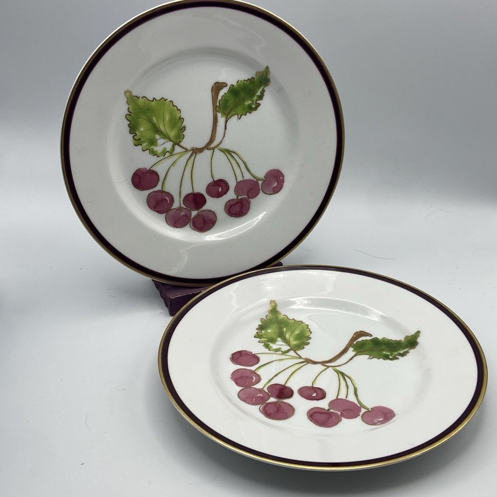 Crate & Barrel Salad Plates Cherry Gold Trim Set of Two